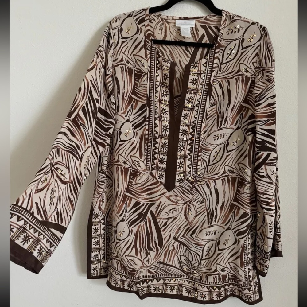 Soft Surroundings Silk Sequin Lagenlook Brown Leaf Print Tunic Top L